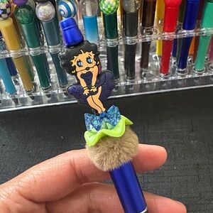 Betty Boop Blue Pen with Green and Brown Pom Pom Topper